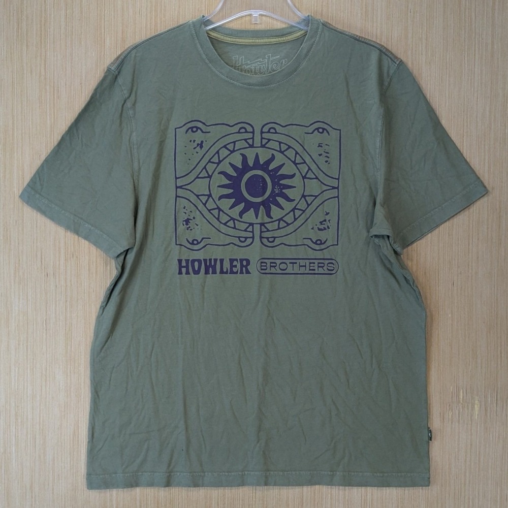 Howler Brothers Mens Graphic T-Shirt Olive Green Cotton Sun Crocodile Logo L